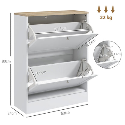 HOMCOM Narrow Shoe Cabinet with 2 Flip Drawers and Adjustable Shelves - White
