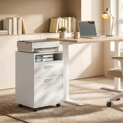 HOMCOM Filing Cabinet, Mobile File Cabinet with 2 Lockable Drawers, Office Home Organiser on Wheels for A4, Letter-Size File Folders, Mobile Printer with Open Shelf, White