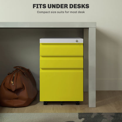 Vinsetto 3 Drawer Filling Cabinet, Mobile Metal File Cabinet with Anti-tilt Design for Letter, A4, Legal Size, Yellow