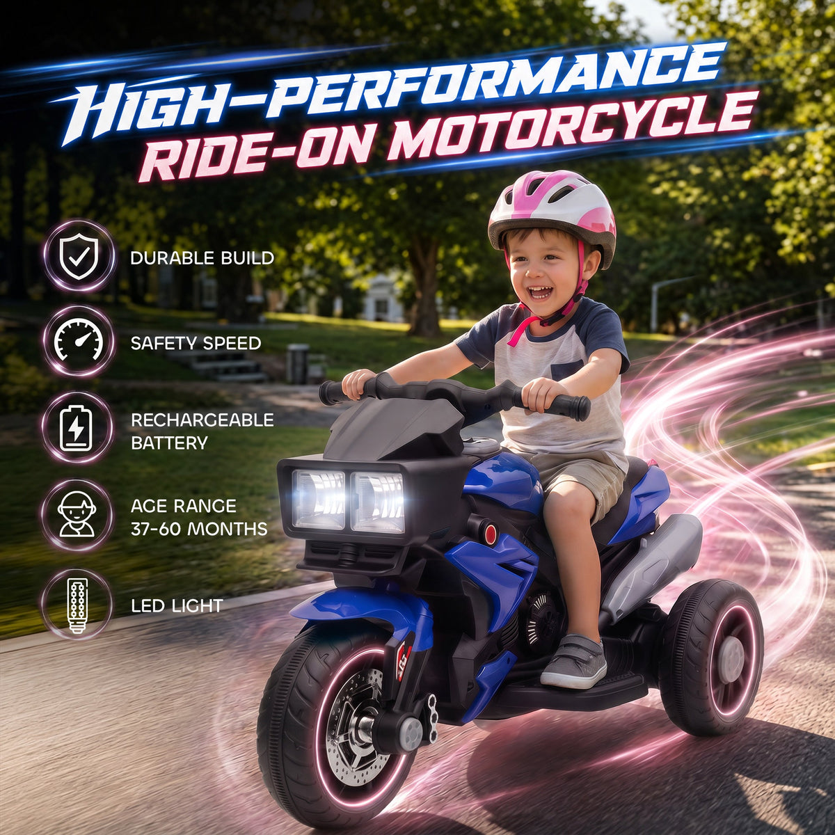 AIYAPLAY Kids Electric Motorcycle Ride-On Toy, 3-Wheel Battery-Operated Motorbike with Horn, Toddler Ride On Bike, Blue