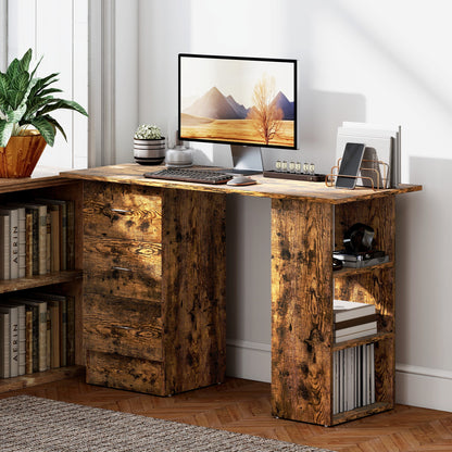 HOMCOM Computer Desk, Writing Table, PC Workstation with 3 Storage Shelves and Drawers, Silver Handle, for Home Office, Rustic Brown