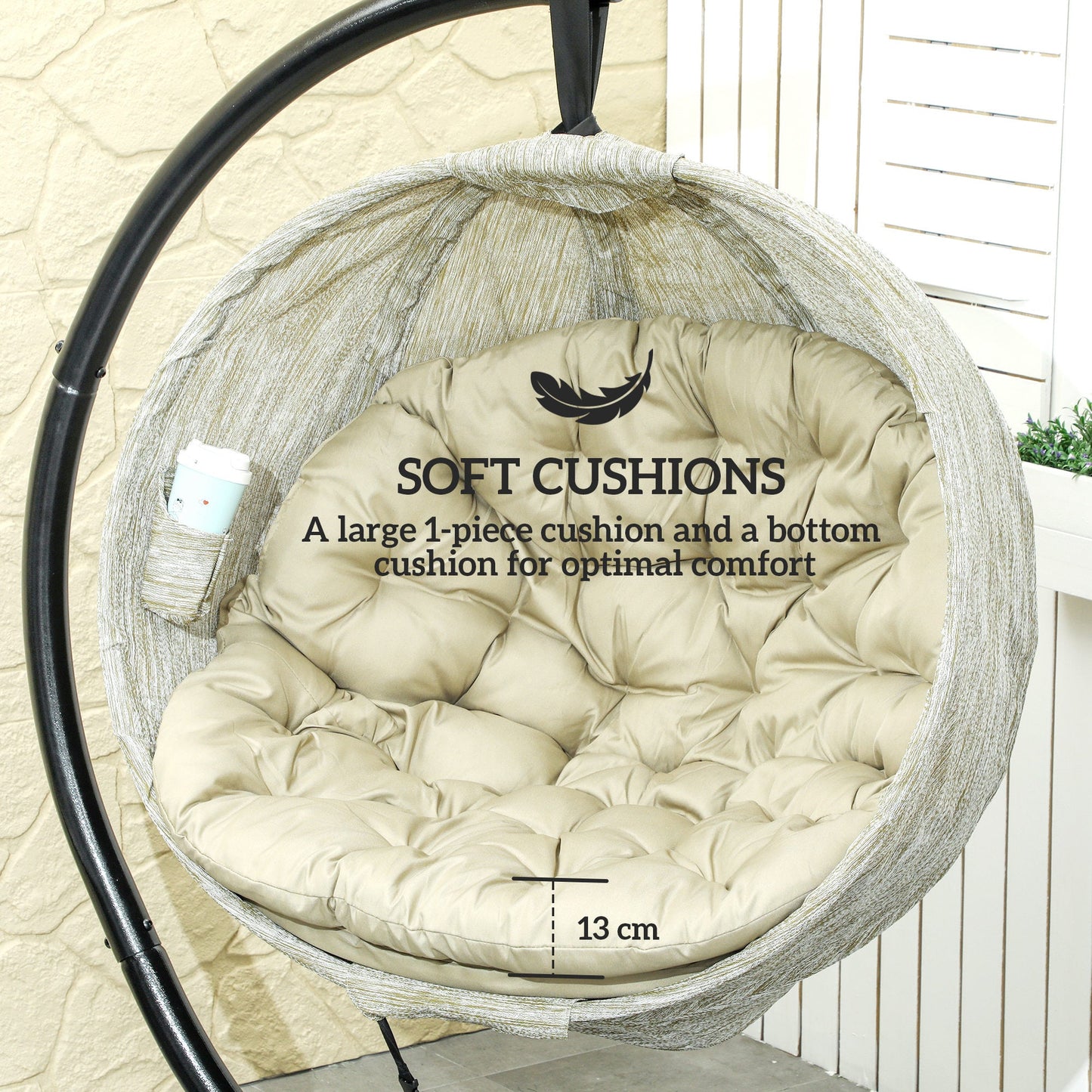Outsunny Hanging Egg Chair Outdoor Indoor Garden Swing Chair with Folding Basket, Garden Hanging Chair with Stand, Thickened Cushion, Cup Holder for Patio, Balcony, Khaki