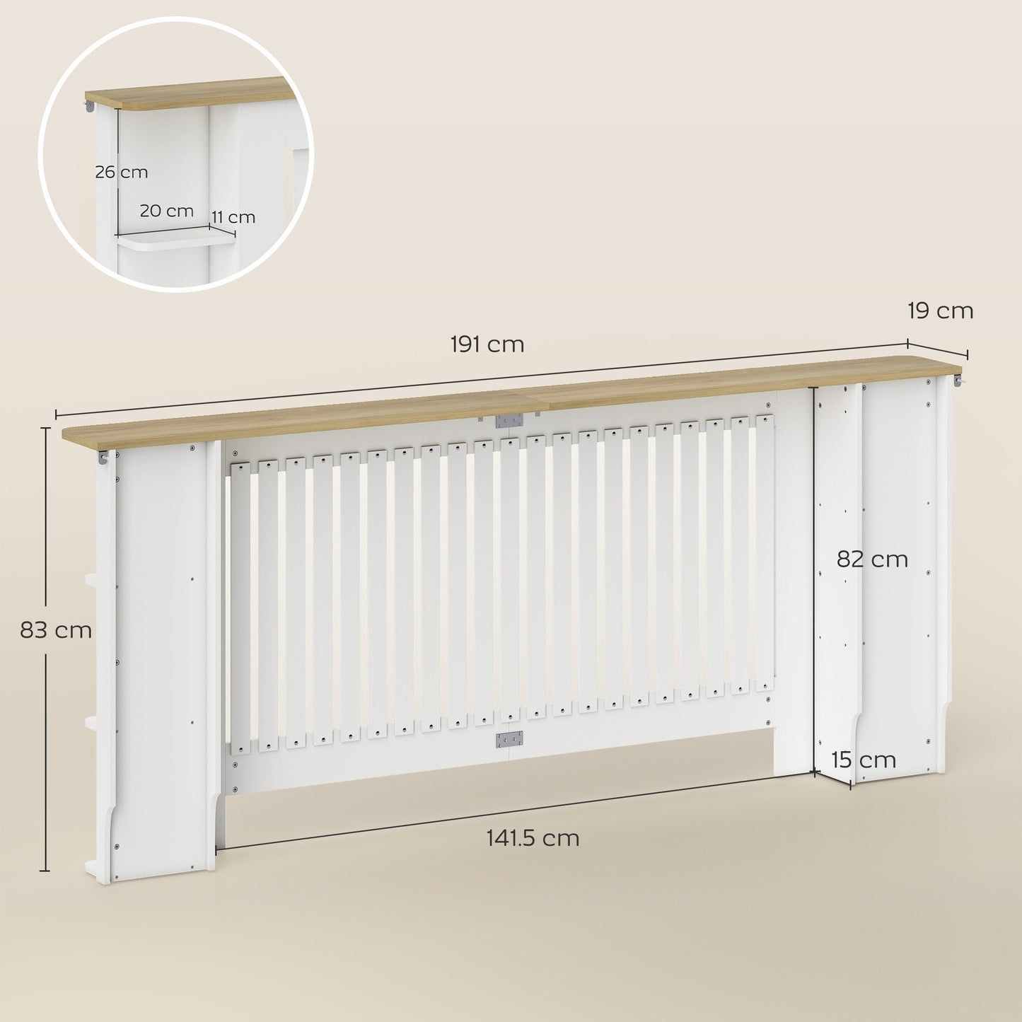 HOMCOM Radiator Cover with Open Storage Shelves, Vertical Slatted Cabinet Shelf Heater Cover for Living Room, Hallway, Extra Large, White