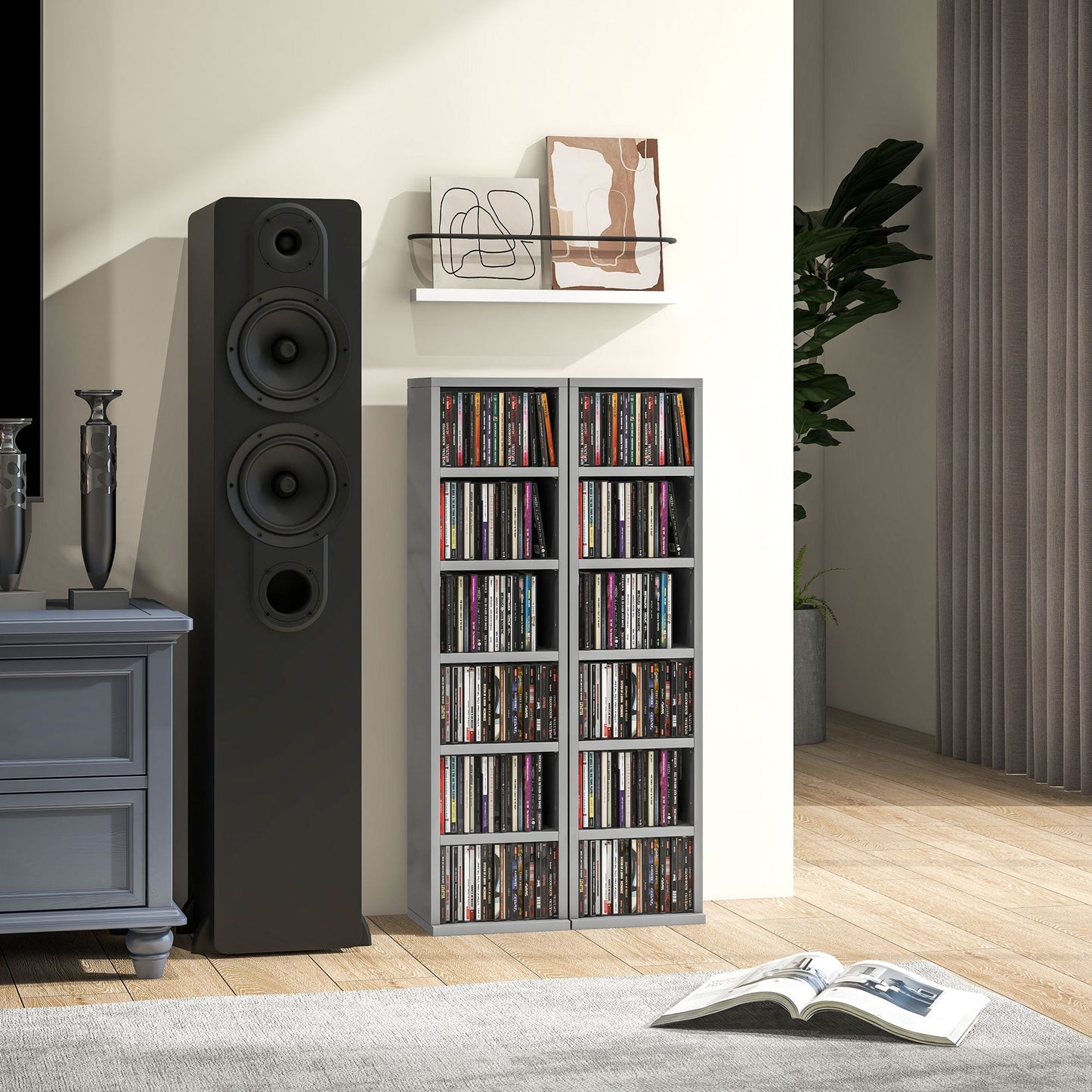 HOMCOM Set of 2 CD Media Display Shelf Unit Tower Rack with Adjustable Shelves, High Gloss Grey