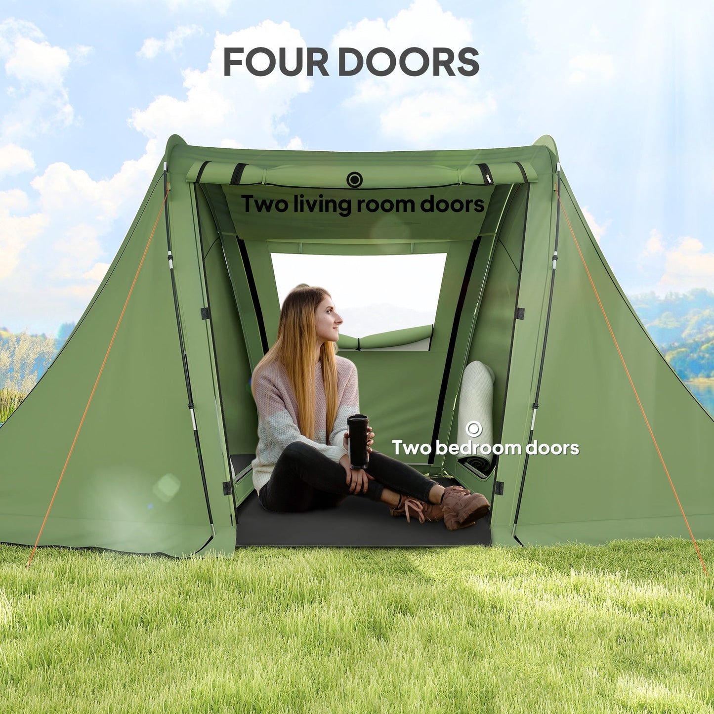 Outsunny 3 Man Camping Tent with Living Area and 2 Bedrooms, 3000mm Waterproof Family Tent with Sewn-in Groundsheet, Portable with Bag for Hiking, Festival, Backpacking, Green