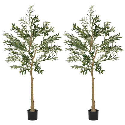 HOMCOM Set of 2 5ft/ 150cm Decorative Artificial Plant, Silk Olive Tree with 720 Leaves and 32 Olive Fruits in Pot, Fake Plant for Home, Office, Living Room, Indoor Decor
