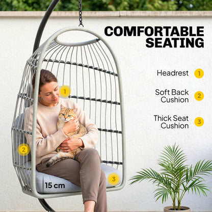 Outsunny Hanging Egg Chair, Indoor Outdoor Hammock Swing Chair with Stand, Safety Strap, Foldable Basket, Light Grey