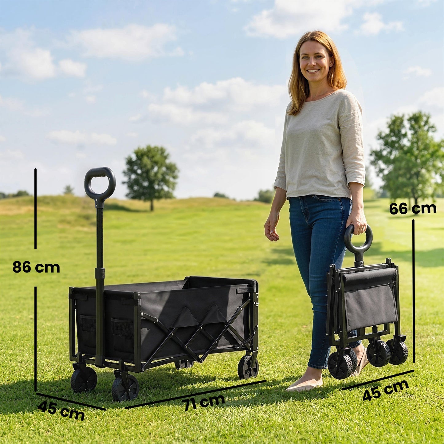 Outsunny 60L Foldable Festival Trolley on Wheels, Collapsible Wagon Cart with Drop-Down Tailgate, Adjustable Handle, Black