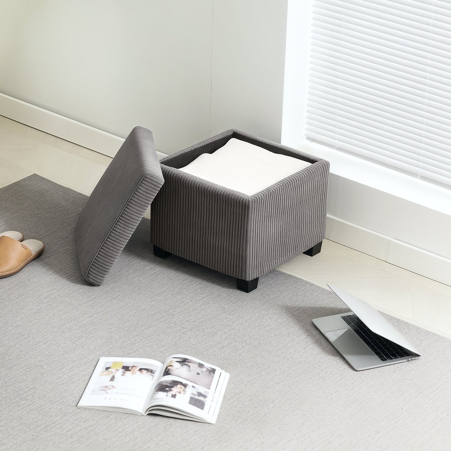 HOMCOM Storage Ottoman Bench, Corduroy Footstool with Removable Lid and Legs, 40cm Storage Chest Box for Living Room, Bedroom, Hallway, Grey