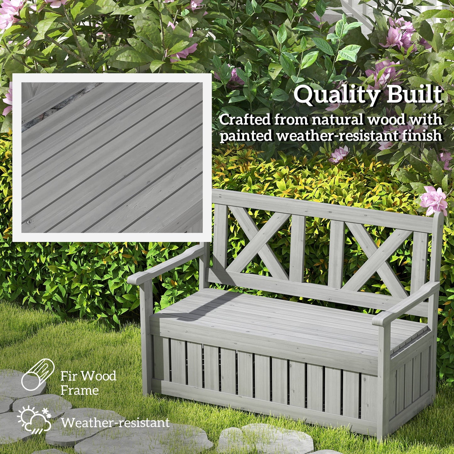 Outsunny 2-Seater Garden Storage Bench for Patio Wood Porch Decor Outdoor Seating, Charcoal Grey