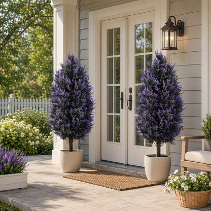 HOMCOM Set of 2 Artificial Lavender Flowers, Indoor Outdoor Fake Plants with Stakes, UV Resistant for Garden,  90 cm, Blue