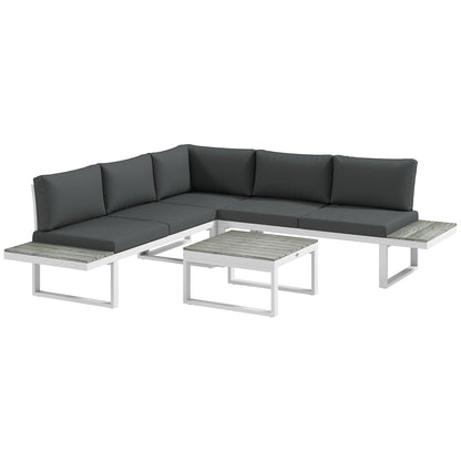 Outsunny 4 Pieces Patio Garden Set with 5-Level Recline Corner Sofa, Outdoor Garden Lounge Sectional Conversation Sofa Set with Cushions, Wood Grain Plastic Table, White  Frame Grey Cushion