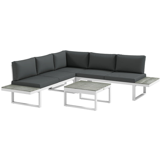 Outsunny 4 Pieces Patio Garden Set with 5-Level Recline Corner Sofa, Outdoor Garden Lounge Sectional Conversation Sofa Set with Cushions, Wood Grain Plastic Table, White  Frame Grey Cushion