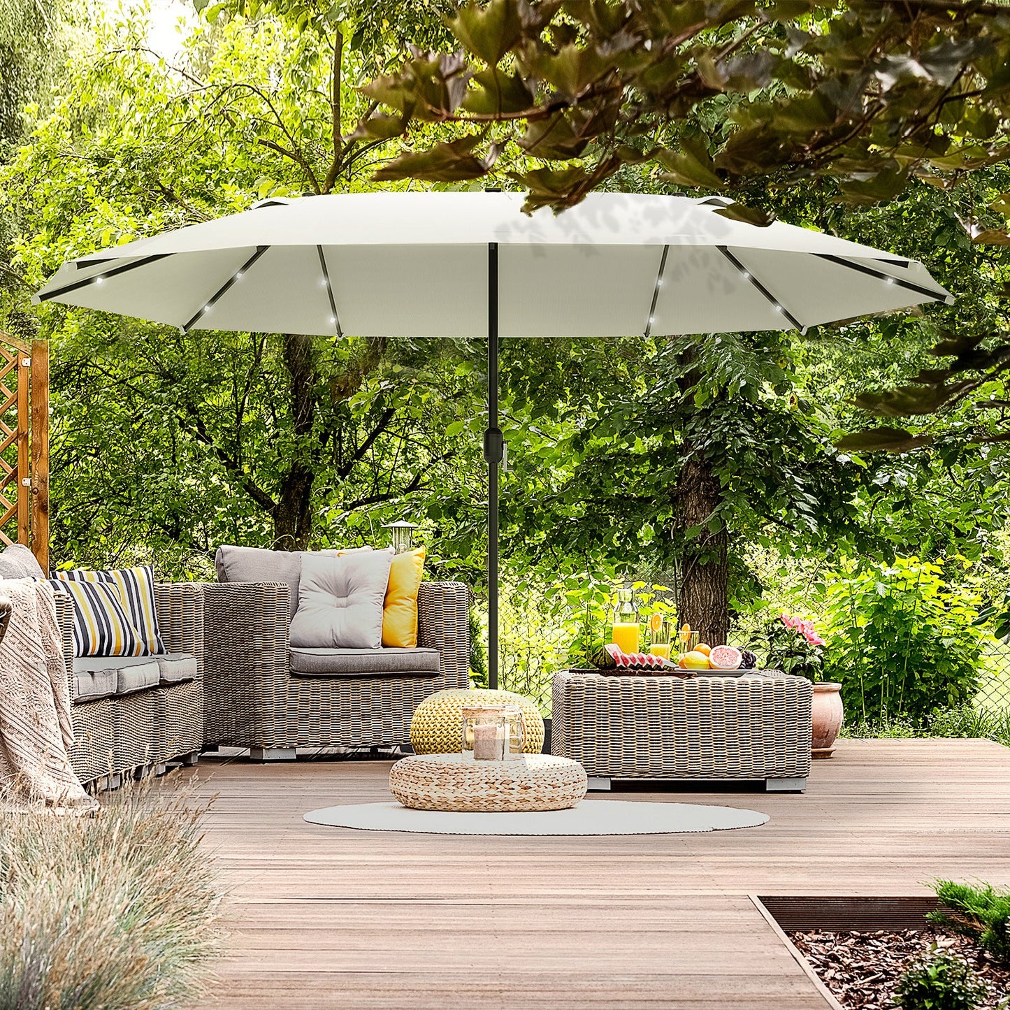 Outsunny 4.4m Double-Sided Sun Umbrella Patio Parasol LED Solar Lights Cream White