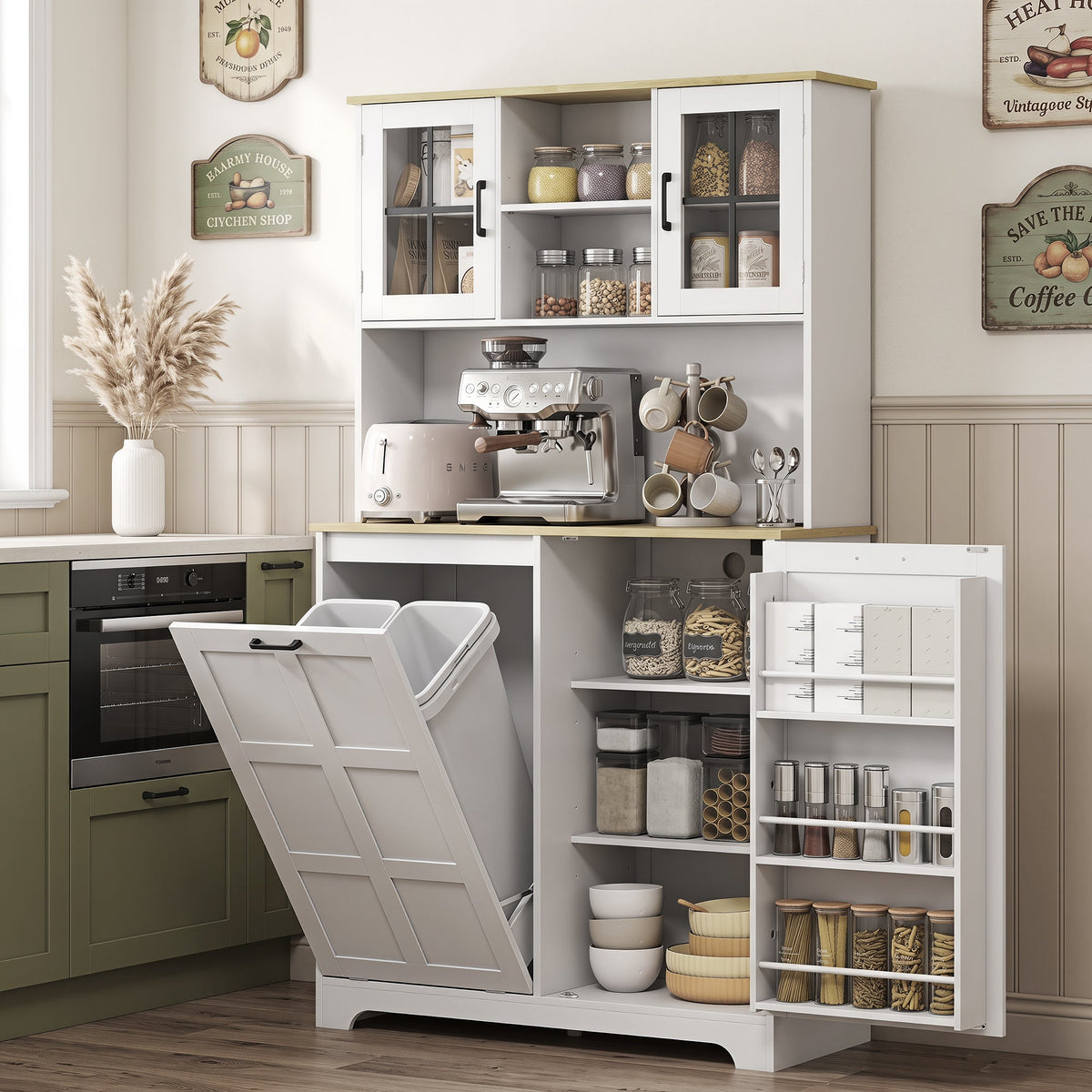 HOMCOM 175cm Tall Kitchen Cabinet, Kitchen Cupboard with Rubbish Bin Cabinet, 3 Door Shelves and 2 Acrylic Doors, White