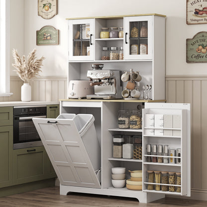 HOMCOM 175cm Tall Kitchen Cabinet, Kitchen Cupboard with Rubbish Bin Cabinet, 3 Door Shelves and 2 Acrylic Doors, White