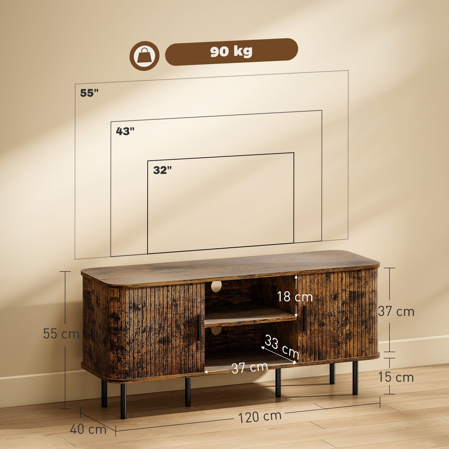HOMCOM TV Stand Cabinet for TVs up to 55 Inches, TV Unit with Storage Shelves and Cupboard for Living Room, Rustic Brown