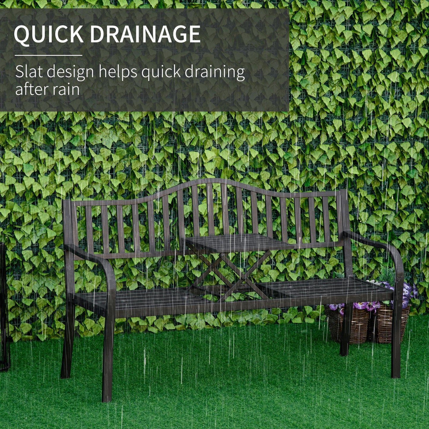 Outsunny Metal Outdoor Bench with Liftable Middle Table, Patio Loveseat, Garden Bench for Garden, Porch, Seats 2–3 People, Black