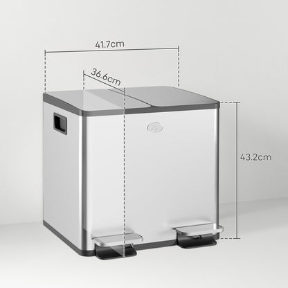 HOMCOM 30L Dual Compartment Stainless Steel Bin, with Deodoriser Holders - Silver Tone