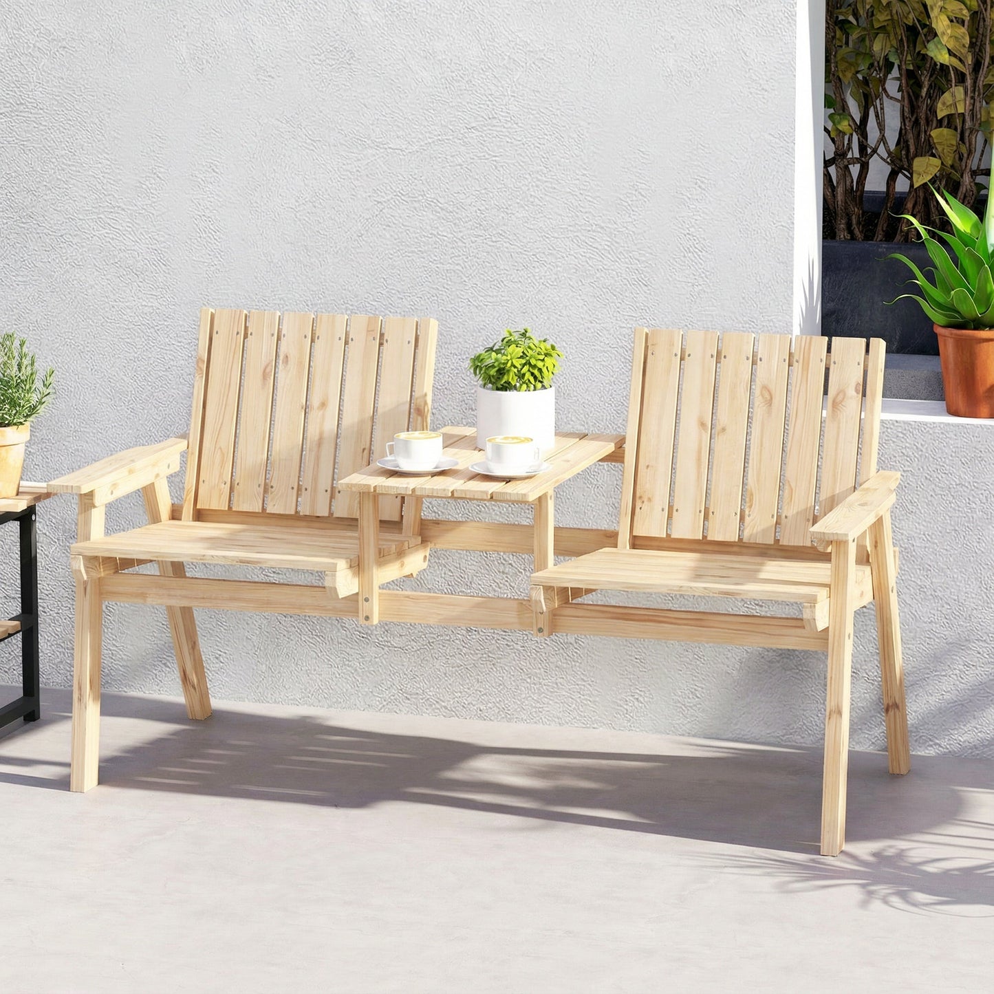 Outsunny 2-Seater Garden Loveseat with Table and Parasol Hole for Porch, Patio, Natural Wood Finish