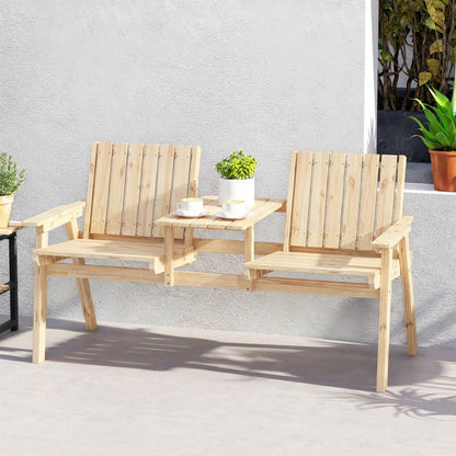 Outsunny 2-Seater Garden Loveseat with Table and Parasol Hole for Porch, Patio, Natural Wood Finish