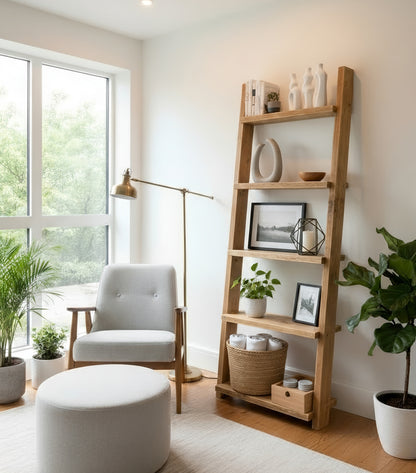 Ladder Solid Wood Bookshelf – Natural Finish Open Bookcase, Rustic Scandinavian Design