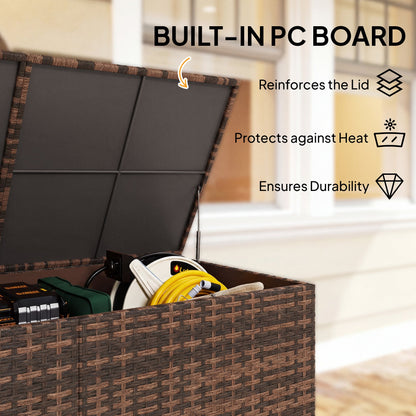 Outsunny 650L Garden Storage Box with 2 Wheels, Rattan Deck Box with Waterproof Zipped Liner, Safe Pneumatic Rods, Mixed Brown
