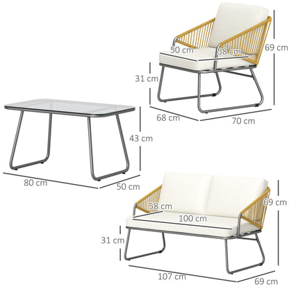 Outsunny 4 Piece Rattan Garden Furniture Set, Wicker Patio Outdoor Furniture Set with Loveseat, Armchairs, Glass Top Coffee Table and Cushions for Patio, Conservatory, Balcony, Natural Wood Finish