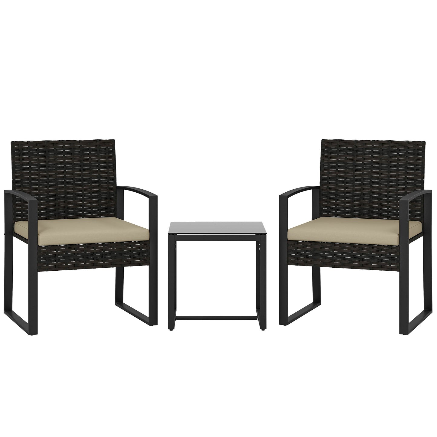 Outsunny Rattan Bistro Set, 3 Piece Garden Furniture Set with Glass Top Table and Cushions, Khaki