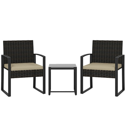Outsunny Rattan Bistro Set, 3 Piece Garden Furniture Set with Glass Top Table and Cushions, Khaki