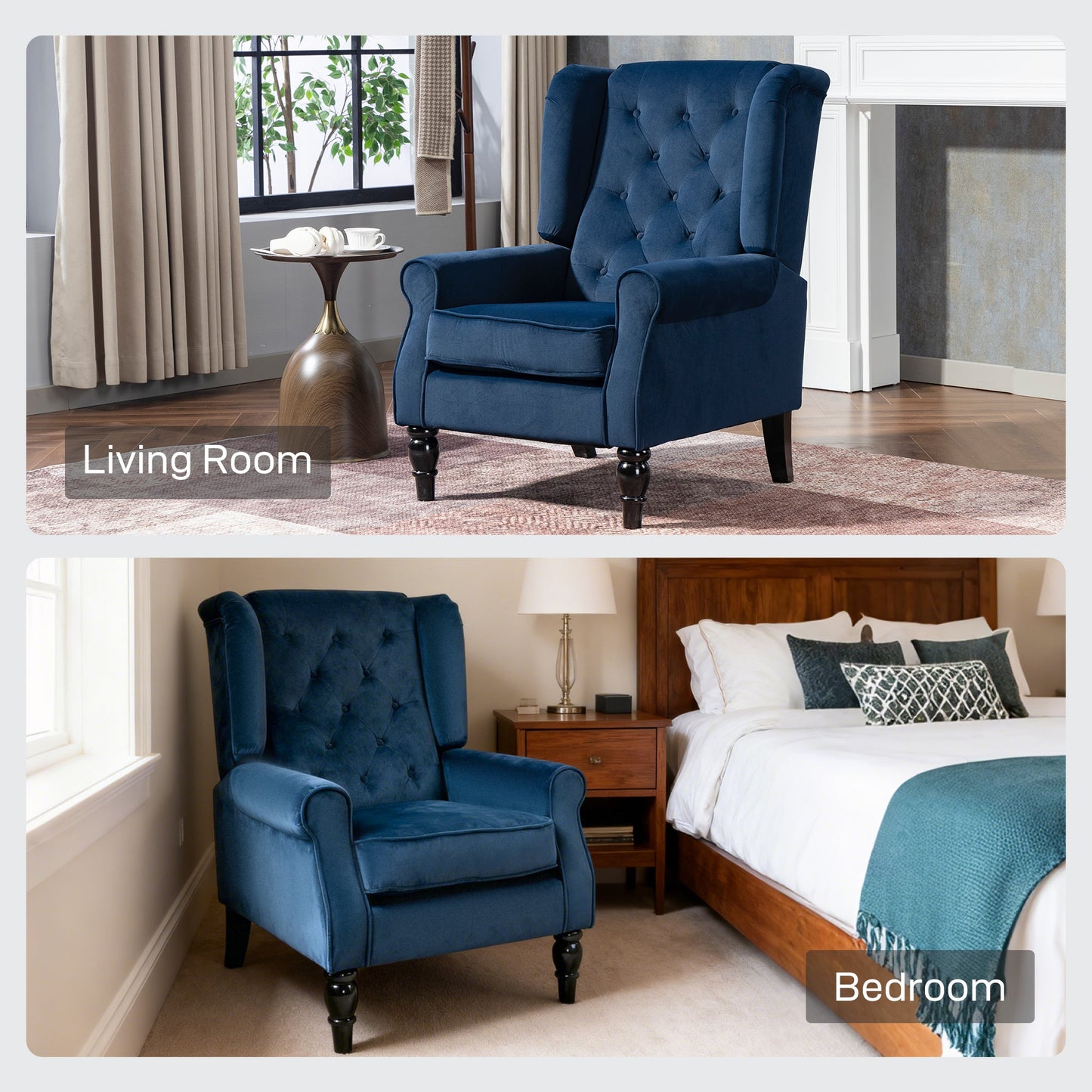 HOMCOM Wingback Accent Chair, Retro Upholstered Button Tufted Occasional Chair for Living Room and Bedroom, Dark Blue