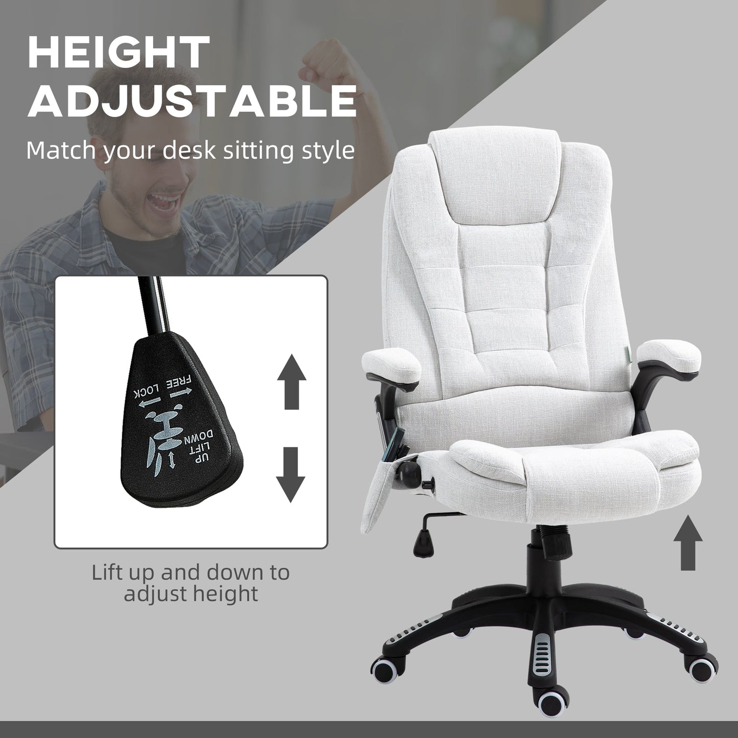 Vinsetto Massage Recliner Chair Heated Office Chair with Six Massage Points Linen-Feel Fabric 360\'c2\'b0 Swivel Wheels Cream White