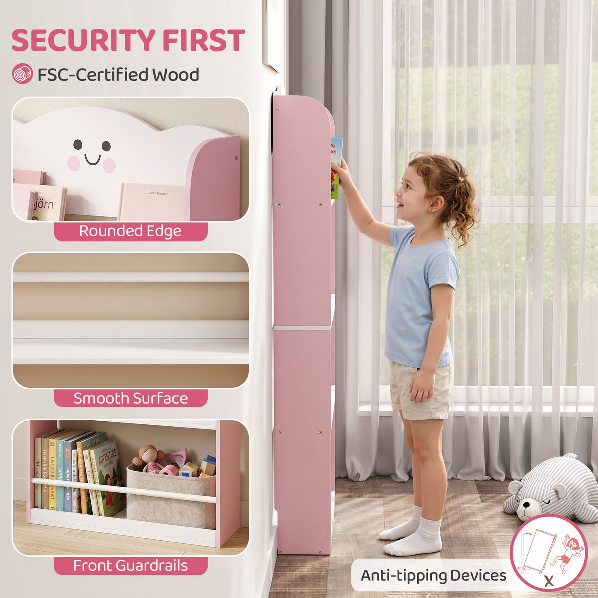AIYAPLAY 4 Tier Kids Bookshelf, Children Bookcase with Anti-Tip Kit, Toddler Space-Saving Bookcase for Kids Room, Playroom, Pink