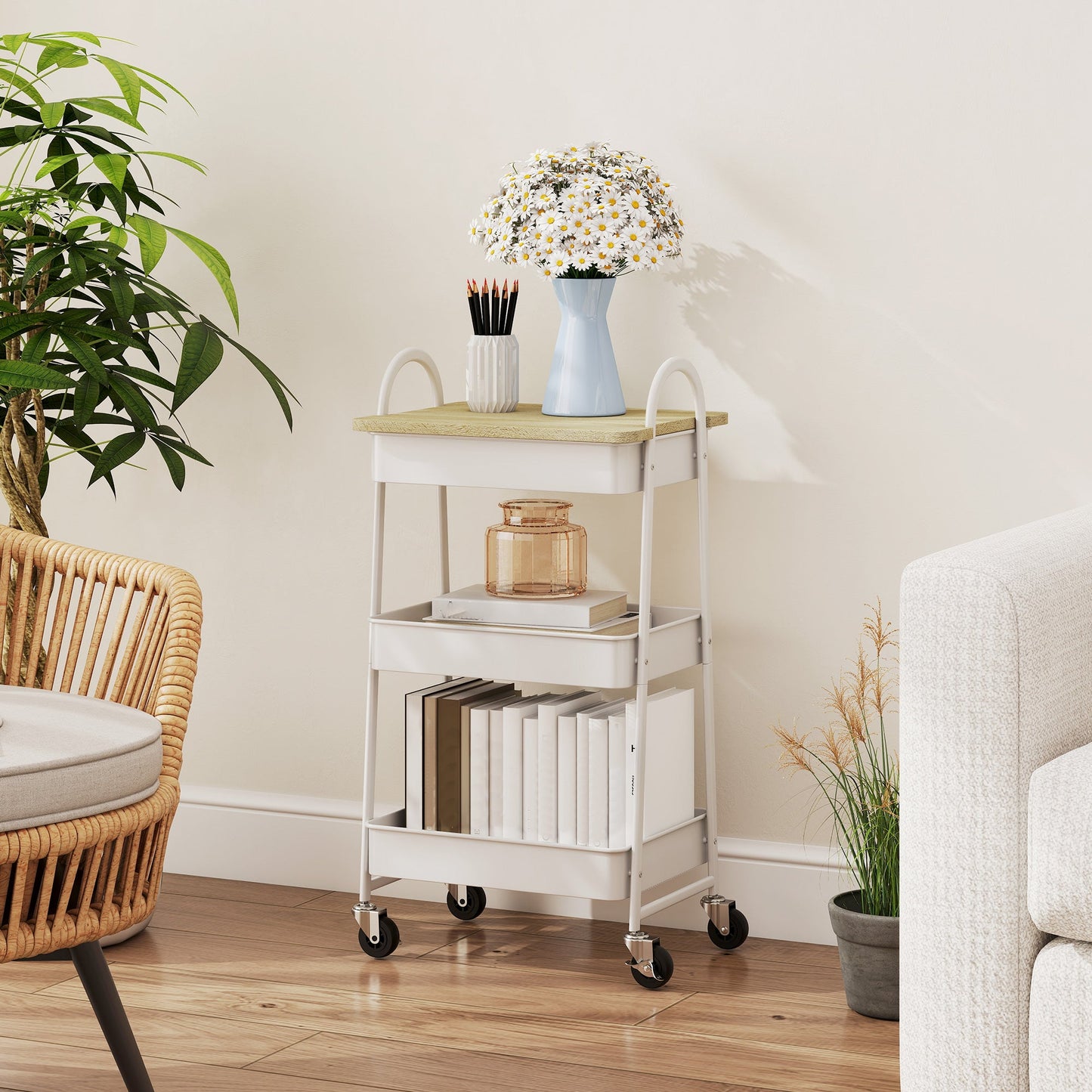 HOMCOM 3-Tier Kitchen Storage Trolley with on Wheels Cover Top Board - White and Oak