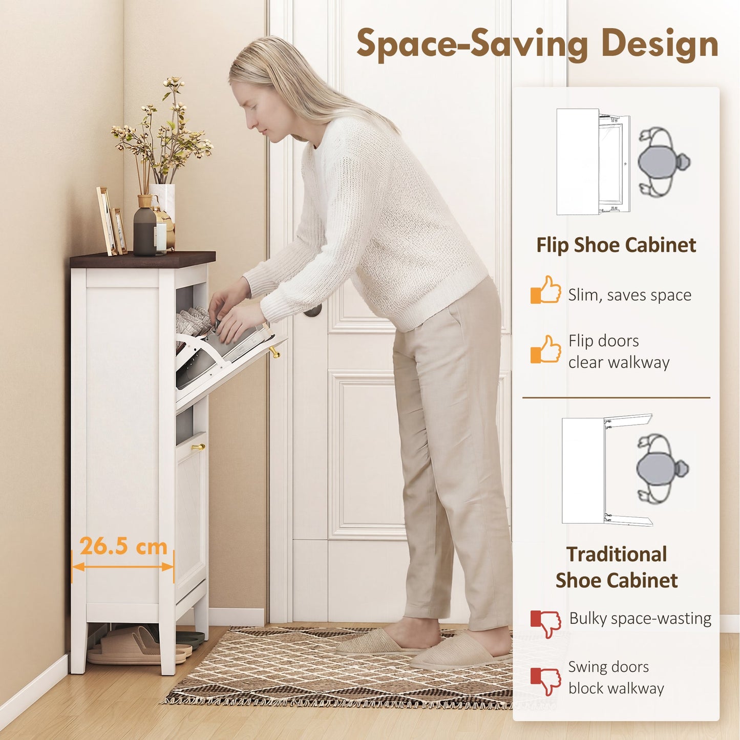 HOMCOM Shoe Cabinet with 2 Flip Drawers, Farmhouse Narrow Shoe Storage Cabinet with Adjustable Shelves, White