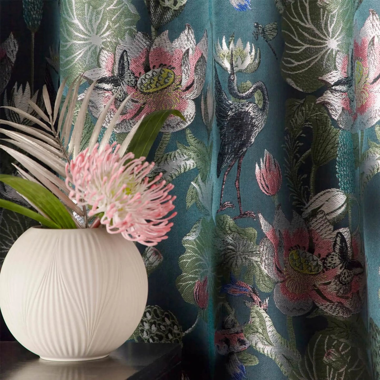 Waterlily Teal Pencil Ready Made Curtain