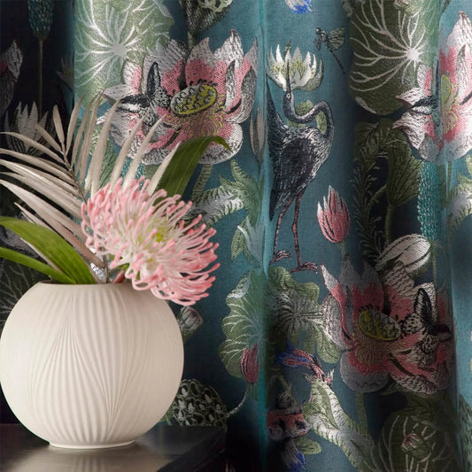 Waterlily Teal Pencil Ready Made Curtain