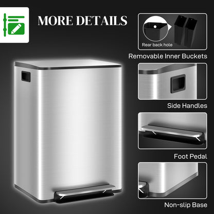 HOMCOM 60L Dual Compartment Stainless Steel Bin, with Deodoriser Holders - Silver Tone