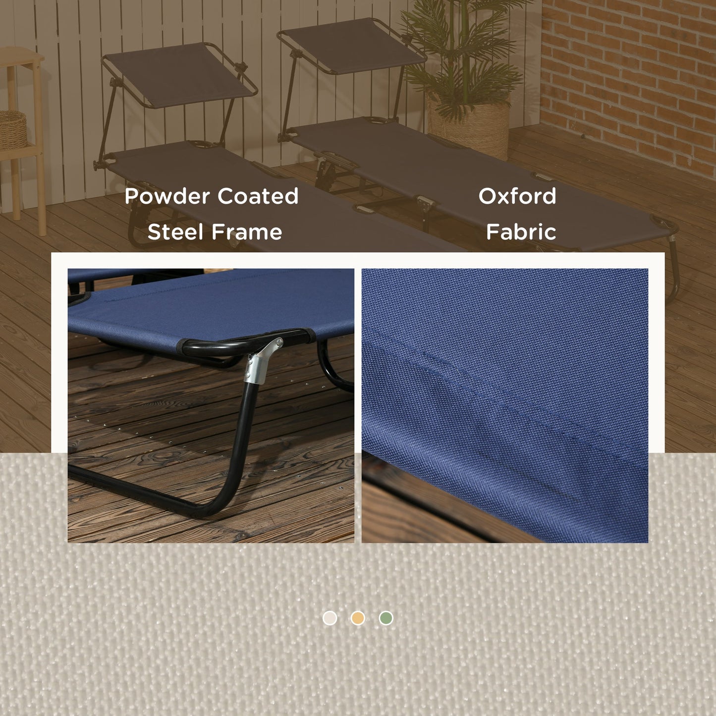 Outsunny 2 Piece Folding Sun Loungers with Canopy, Adjustable Recliner Garden Chairs with Side Pocket, Steel Frame and Breathable Mesh for Outdoor, Pool, Beach, Garden, Dark Blue