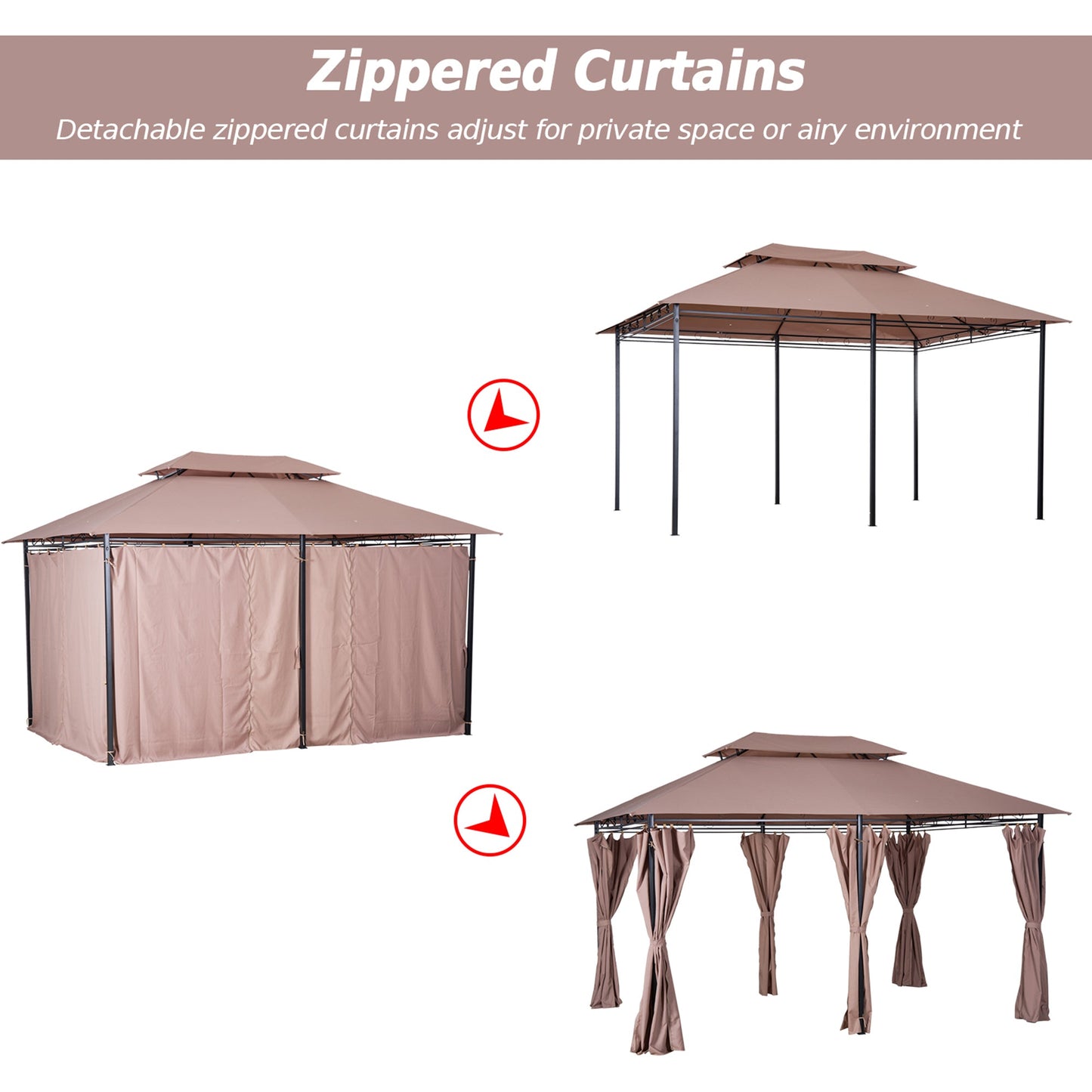 Outsunny 4m x 3(m)Garden Gazebo, Double Roof Outdoor Gazebo Canopy Shelter with Curtains, Solid Steel Frame for Patio, Garden, Brown