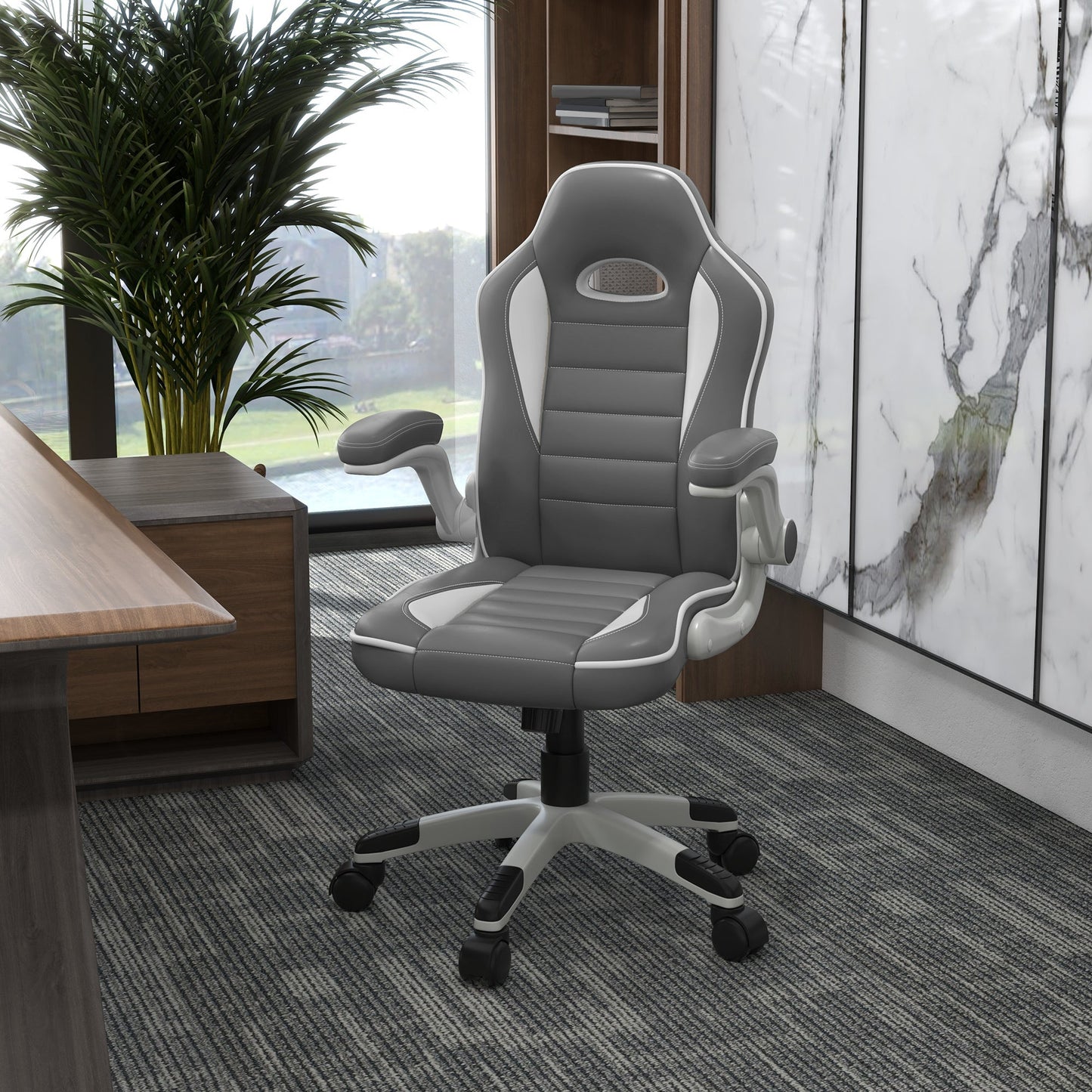 Vinsetto Computer Gaming Chair, Office Desk Swivel Chair, PU Leather Racing Chair with 90\'c2\'b0 Flip-up Armrest, Adjustable Height and Rolling Wheels, Grey