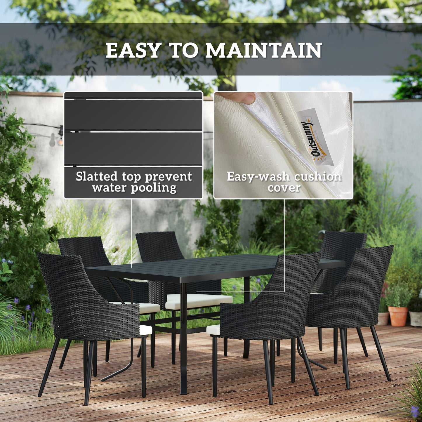 Outsunny 6 Seater Rattan Dining Set with Cushions, Garden Furniture Set with Armchairs, Rectangle Slatted Table Top, Steel Frame, Parasol Hole, Wicker Outdoor Furniture for Patio, Balcony, Cream White