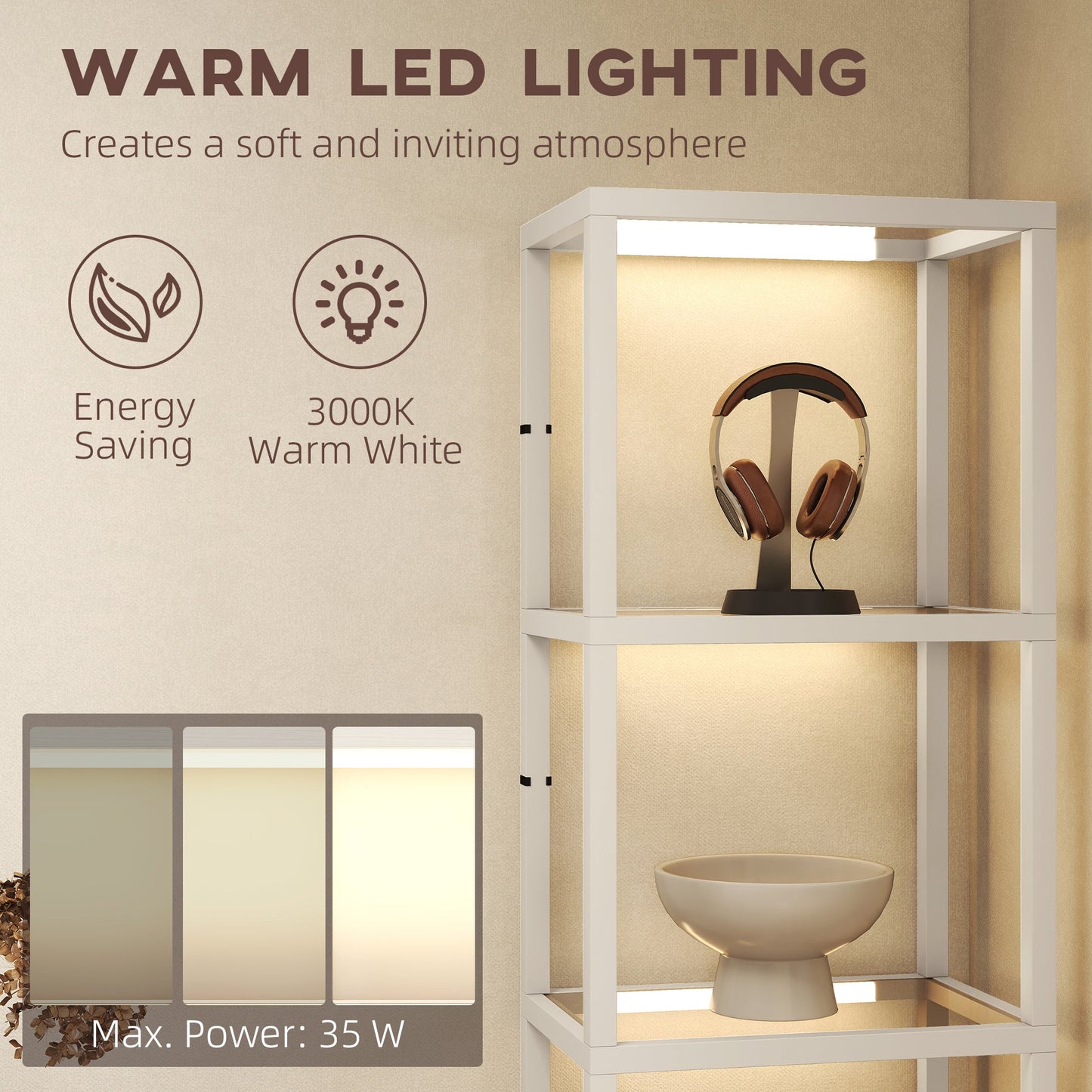 HOMCOM LED Floor Lamp with Glass Shelves, 4 Layers Dimmable Tall Standing Lamp, Modern Column Shelf Floor Light for Living Room, Bedroom, Office, Oak