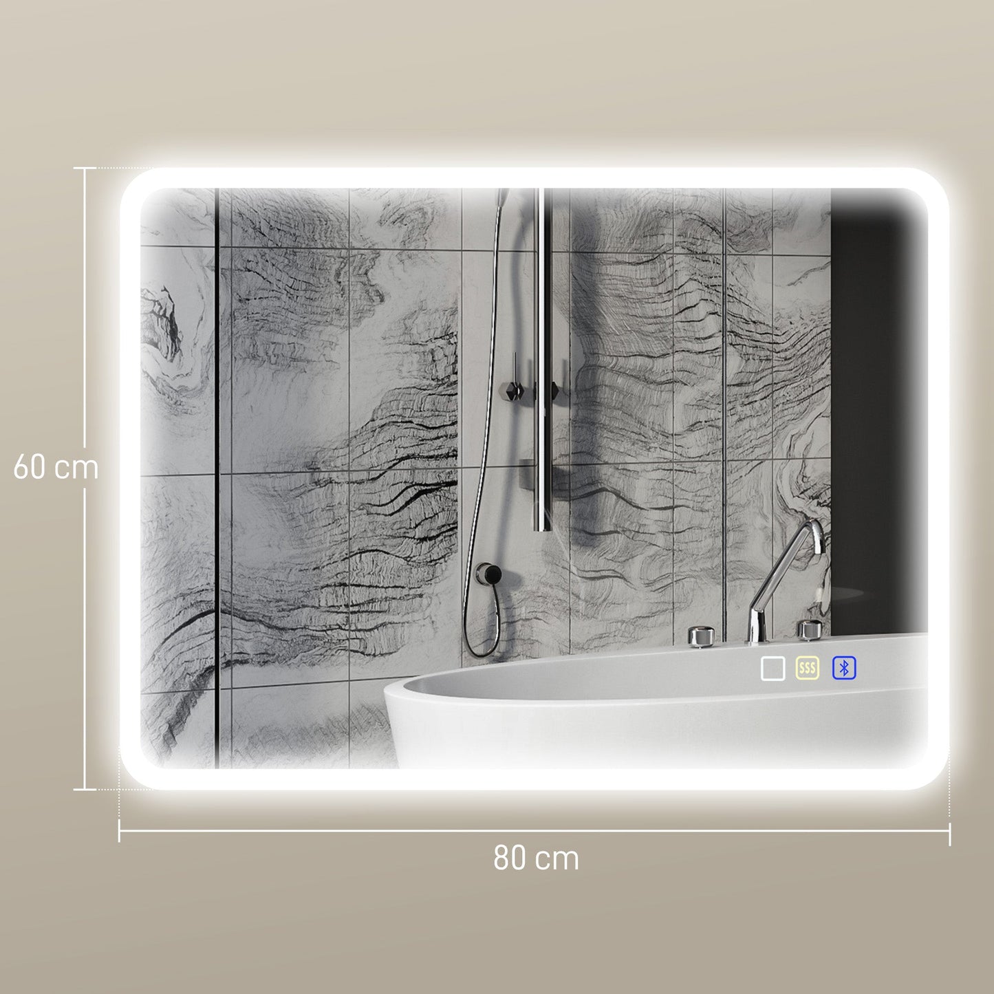 HOMCOM 60 x 80 cm Backlit Illuminated Bathroom Mirror with LED Lights and Bluetooth - Silver Tone