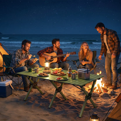 Outsunny 4ft Folding Camping Table, Waterproof Picnic Table with Roll Up Top and Metal Frame, Green