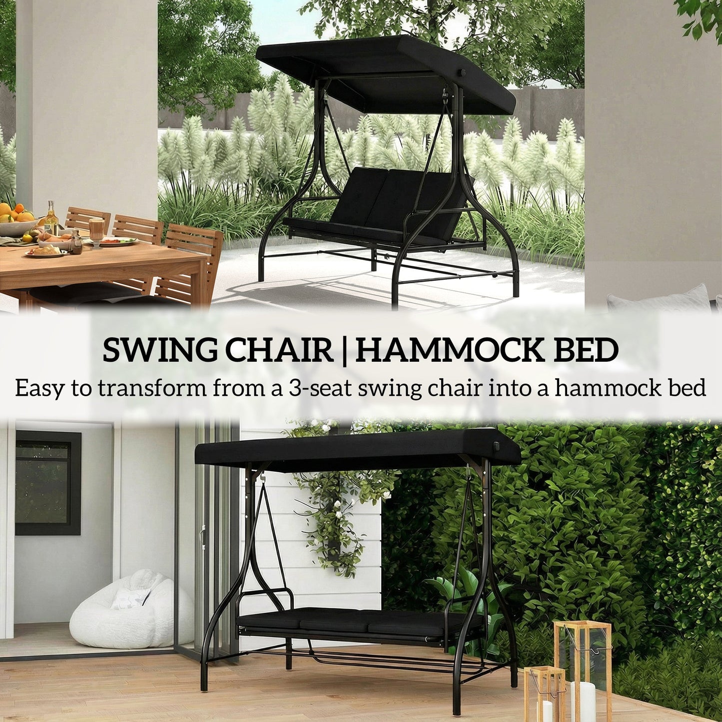 Outsunny 3 Seater Canopy Swing Chair, 2 in 1 Garden Swing Seat Bed, with Adjustable Canopy and Metal Frame, Black