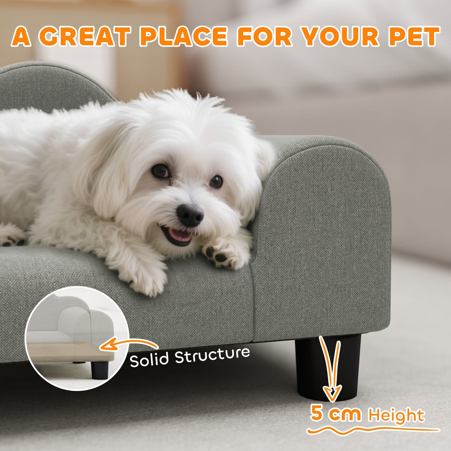 PawHut Elevated Dog Sofa Bed, Breathable Pet Sofa with Backrest and Armrest for Small Dogs, Grey