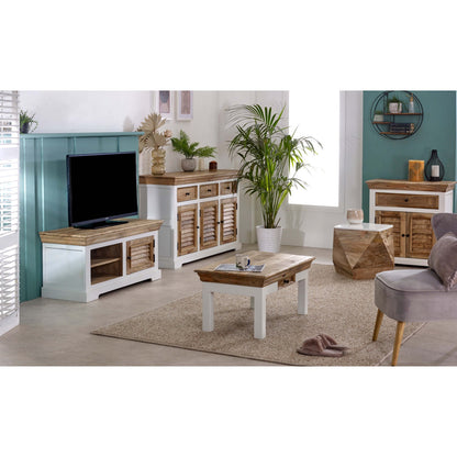 Bianco Solid Mango Wood White Coffee Table With Drawer