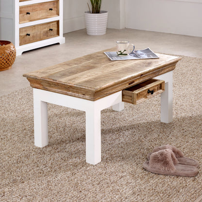 Bianco Solid Mango Wood White Coffee Table With Drawer