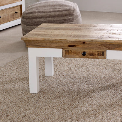 Bianco Solid Mango Wood White Coffee Table With Drawer